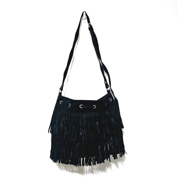 Express Fringed Crossbody Faux Suede Black Boho Western Style - Picture 1 of 8